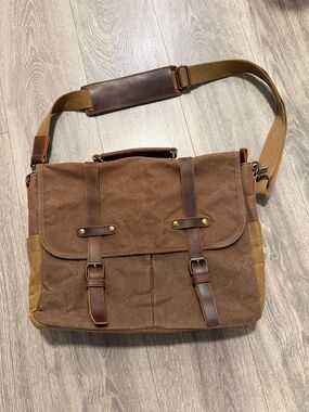 NEWHEY Waxed Canvas Messenger Bag Leather Satchel Laptop Work Crossbody Brown
